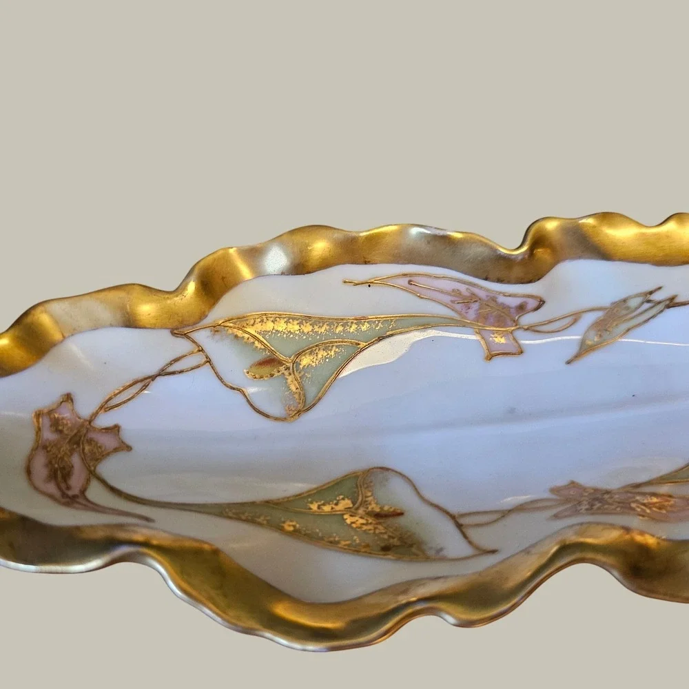 Limoges France Porcelain Celery Dish Calla Lily Gold Gilt Kahn & Henderson Tray